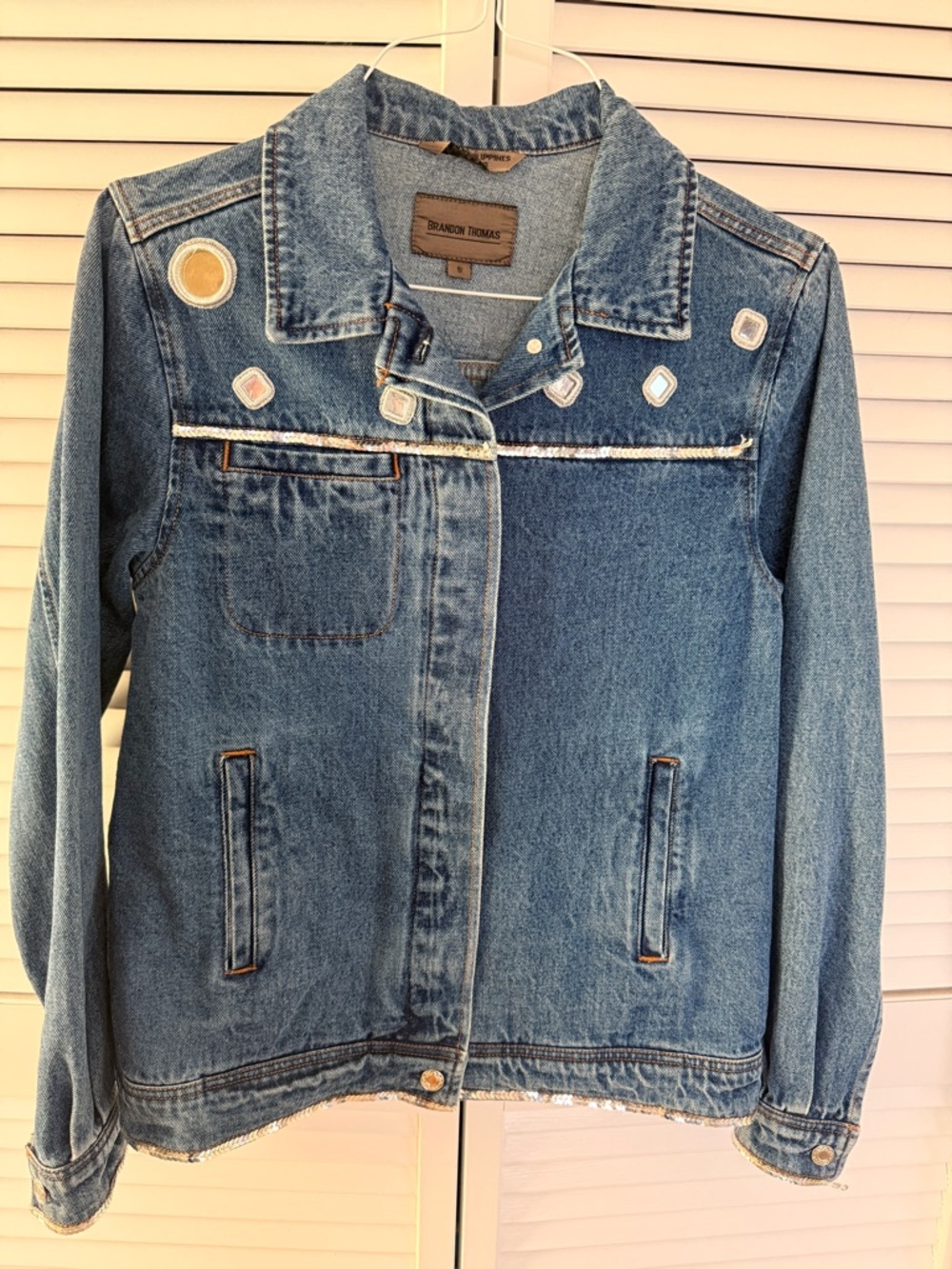 Brandon Thomas Light Blue Denim Jacket with Embroidered Patch Accents